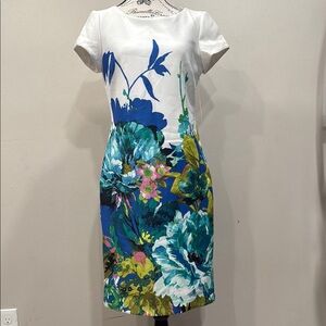 Sandra Darren Blue and White Sheath Dress Short Sleeve Crew Neck